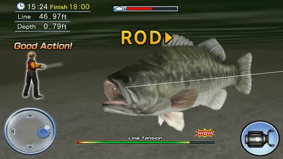 Bass Fishing 3D: achigã em grande plano debaixo de água com a barra de tensão da linha no fundo do ecrã