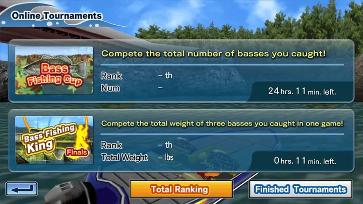 Bass Fishing 3D: ecrã de torneios online com classificação por número e por peso de achigãs