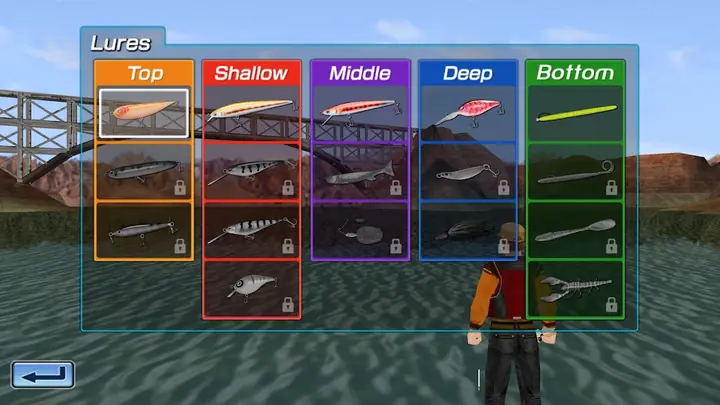 Bass Fishing 3D: menu de amostras organizado em cinco colunas de profundidade