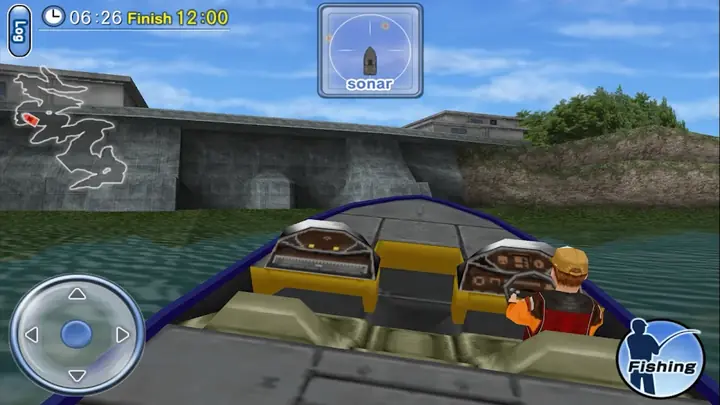 Bass Fishing 3D: barco de pesca em andamento com mapa do lago e sonar circular no topo do ecrã