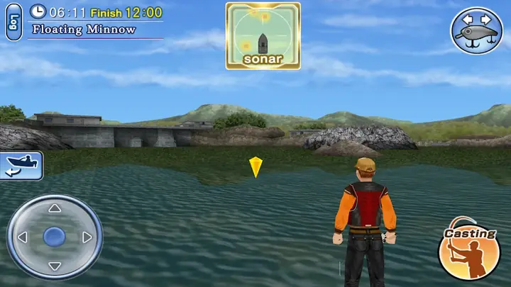 Bass Fishing 3D: pescador de colete laranja de pé no barco, pronto a lançar uma amostra