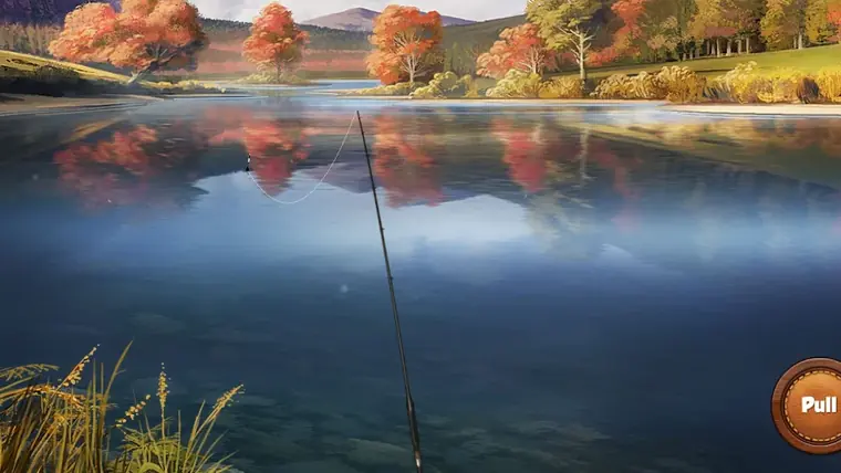 Fishing World: lago ilustrado com árvores de outono refletidas na água e uma cana apontada à boia