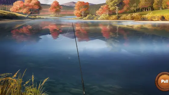 Fishing World: lago ilustrado com árvores de outono refletidas na água e uma cana apontada à boia