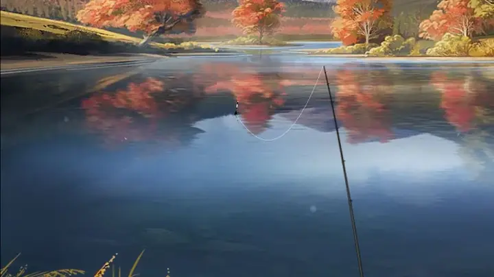 Fishing World: pormenor da linha e da boia sobre a água parada com reflexos de árvores de outono