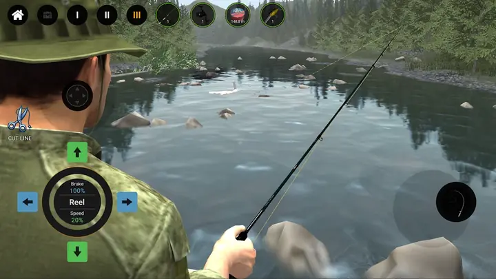 Professional Fishing 2: vista na primeira pessoa com o anel de controlo de travão e velocidade de recolha